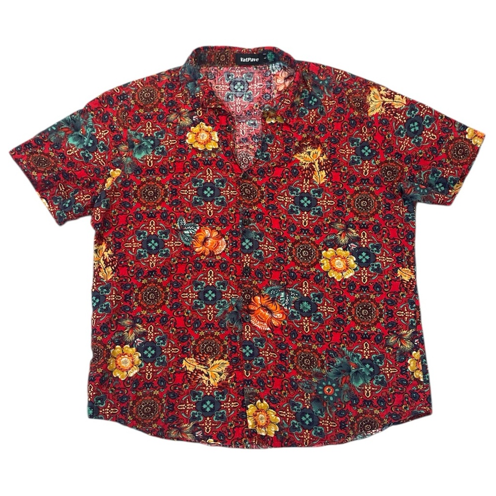 Vatpave Red Floral Short-Sleeve Button Down Shirt Size Large